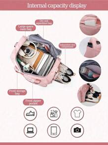 Buqingting 1 件全新大容量多功能多口袋纯色防水面料可悬挂在行李隔层配有可调节肩带设计和拉链背面适用于女士行李包适合度假旅行锻炼配件粉色包适合学校学校配件学校用品 - 粉色 - 查看 10