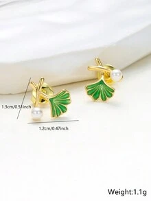 1 对优雅珍珠和银杏叶形吊坠耳环，简约风格 - 綠色 - 查看 4