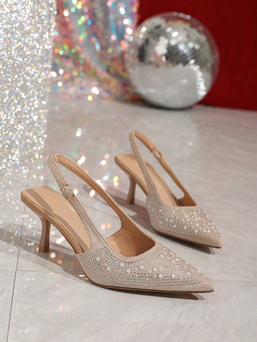 裸色高跟鞋，新款尖头系带装饰中跟凉鞋，镂空正装高跟鞋，适合女士、伴娘、婚礼 - 杏色 - 查看 1