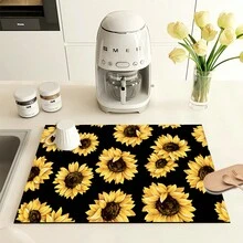1pc Black Sunflower Pattern Printed Absorbent Mat, New Waterproof Kitchen Counter Drying Pad, Soft Silicone Anti-Slip Quick Dry Mat For Kitchen Counter, Coffee Maker - Multicolor - View 1