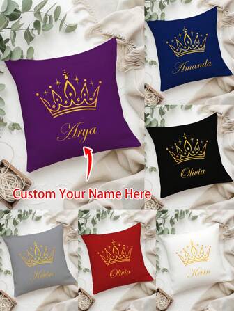 1pc Customized Crown & Queen Text Printed Pillow Cover, Personalized Cushion Cover For Wedding Couple, Birthday Gift, Best Friend Gift, Gift For Mom/Dad (No Filler), ,Breathable,Lightweight,Washable,Funny,Cute,Love,Soft,Comfortable,Elegant,Simple,Custom,Personalized,Unique,Ideal Gifts For Him,Ideal Gifts For Her,Him,Her,Boyfriend,Girlfriend,Dad,Mom,Family,Friends,Pets,Son,Daughter,For Anniversaries,For Mother's Day,For Birthdays,For Valentine's Day,For Graduation,For Father's Day,For Children's Day,For Weddings,For Housewarming,Sofa,Bed,Car,Tea Room,Bedroom,Bathroom,Living Room,Dining Room,Christmas Gift Supplies