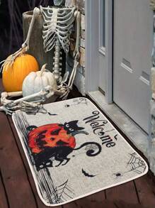 1pc 40*60cm Polyester Halloween Decorative Doormat, Floor Mat, Cute Black Cat Pumpkin Design Decorative Non-Slip Floor Mat For Halloween Party Kitchen Bedroom Bathroom Holiday Home Decoration Carpet, Halloween Gift Mat, Halloween Ornaments