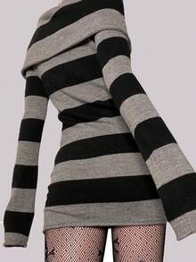 Women Off-Shoulder Striped Sweater Dress Long Sleeve Bodycon Mini Dress - Black - View 2