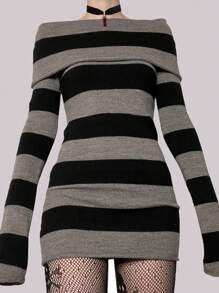 Women Off-Shoulder Striped Sweater Dress Long Sleeve Bodycon Mini Dress - Black - View 1