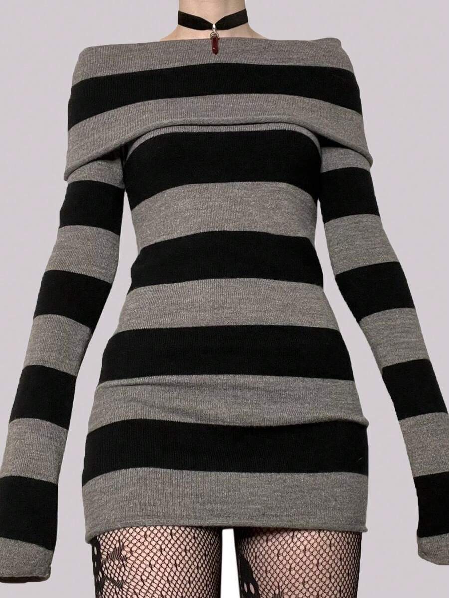 Women Off-Shoulder Striped Sweater Dress Long Sleeve Bodycon Mini Dress - Black - View 1