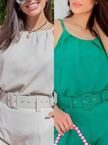 WOMEN'S SET OF BLOUSE WITH STRAPS AND SHORTS WITH BELT. - 淺色水洗藍 - 查看 2