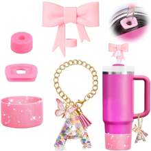 Set de 5 accesorios para tazas de 30oz y 40oz, decoraciones con iniciales para tumblers, que incluye tapa y funda de silicona para pajita, tapa a prueba de derrames, y dije para asa
