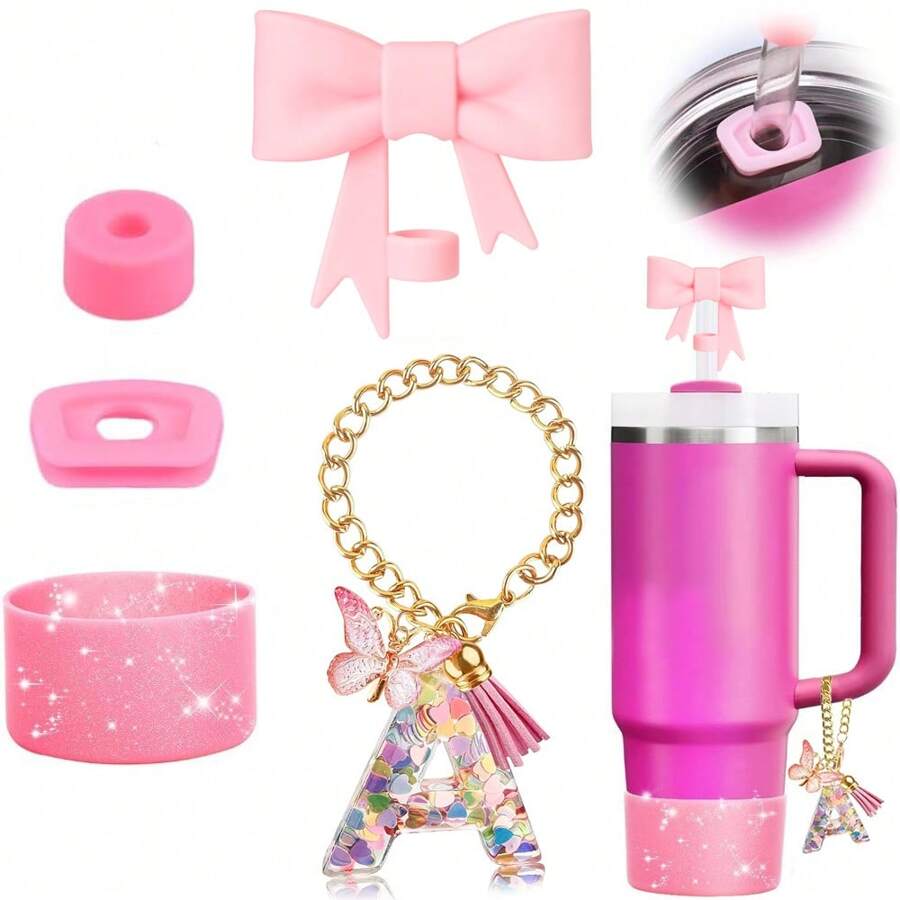Set de 5 accesorios para tazas de 30oz y 40oz, decoraciones con iniciales para tumblers, que incluye tapa y funda de silicona para pajita, tapa a prueba de derrames, y dije para asa