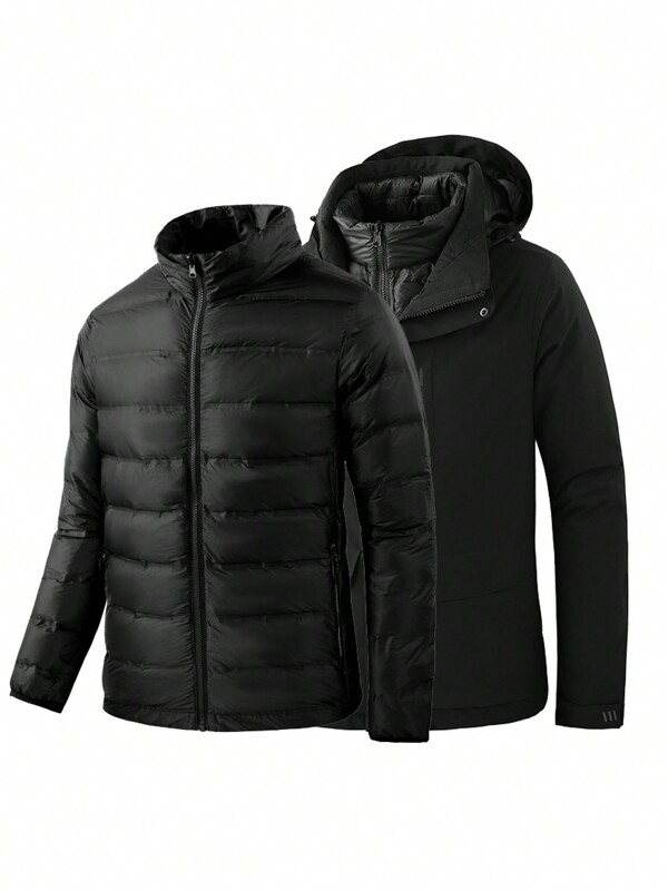 Veste de randonnée/ski coupe-vent et chaude homme 3-en-1 avec doublure amovible en duvet, capuche amovible, et plusieurs poches, couleur unie