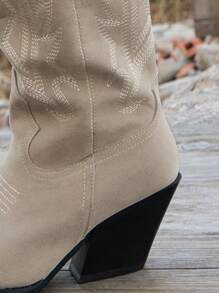 Women's Vintage Pointed Toe Chunky Heel Embroidered Western Boots, New Autumn Winter Outdoor Fashion Mid-Calf Boots,Fashion Match White Dress - Khaki - View 6