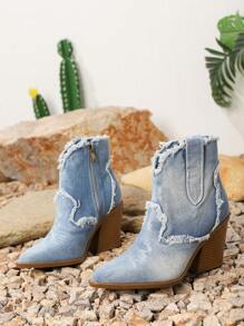 8cm Retro Ombre Distressed Pointed-Toe Embroidery Ankle Boots, Western Style High Heels For Women, Autumn & Winter
