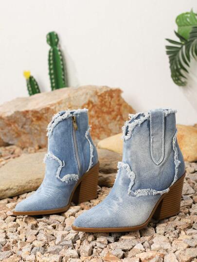 Vintage Tie Dye Distressed Pointed Toe Chunky Heel Embroidered Ankle Boots, 8cm High Heel Western Style Women's Short Boots, Side Zipper Tie-Dye Distressed Frayed Design, Suitable For Various Occasions