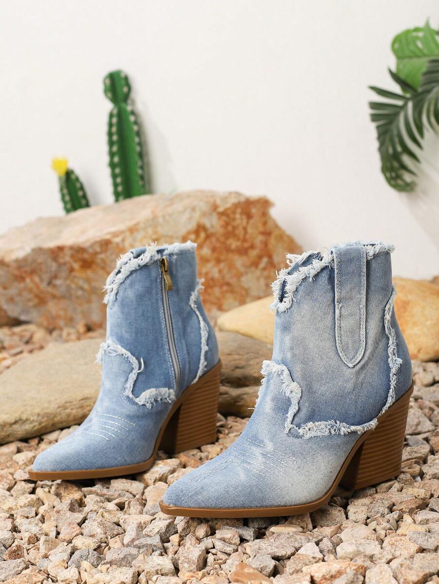 Vintage Rubbed Color Distressed Raw Edge Western Ankle Boots For Women With Thick Pointed Toe 3.54 Inch High Heel Ankle Boots For Riders With Side Zipper Design, Suitable For Outdoor Riding, Travel And Dating - Blue - View 1