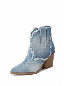 8cm Retro Ombre Distressed Pointed-Toe Embroidery Ankle Boots, Western Style High Heels For Women, Autumn & Winter