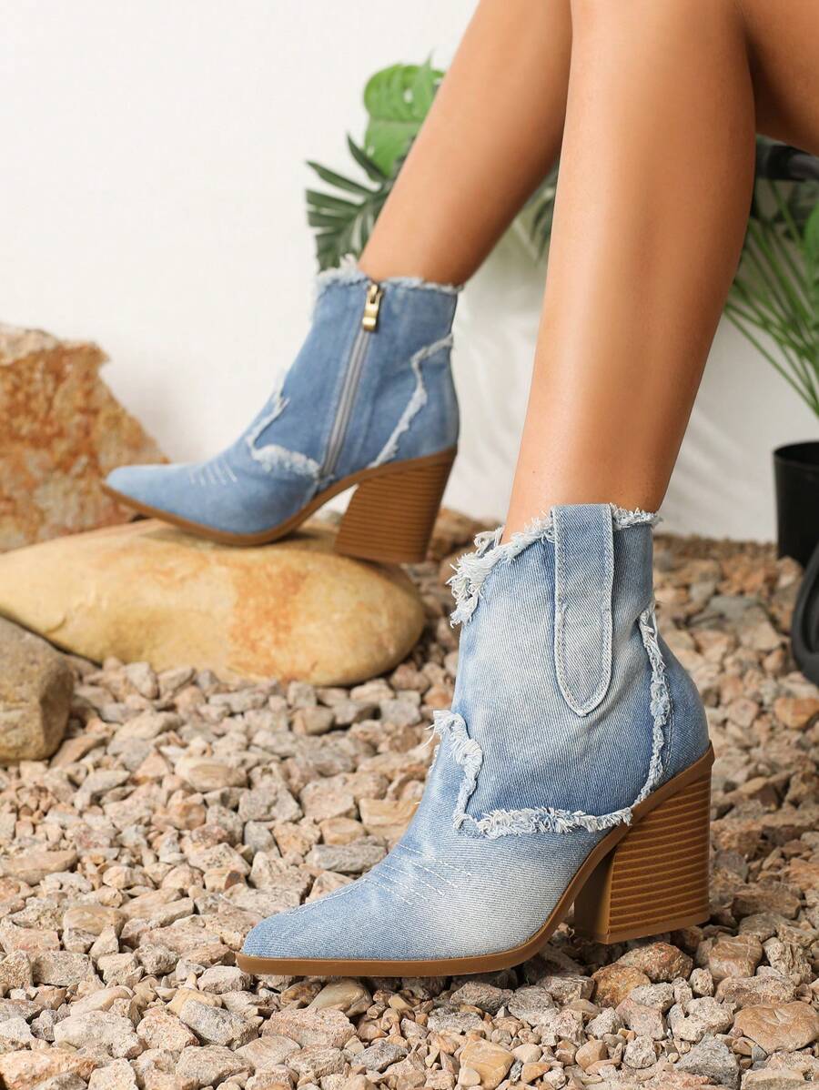 Vintage Rubbed Color Distressed Raw Edge Western Ankle Boots For Women With Thick Pointed Toe 3.54 Inch High Heel Ankle Boots For Riders With Side Zipper Design, Suitable For Outdoor Riding, Travel And Dating - Blue - View 1