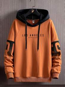 Sudadera con capucha para hombre con cordón y estampado de letras de color contrastante - Naranja - Ver 1