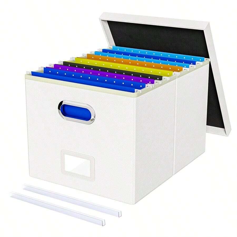 Caja organizadora de archivos, caja de archivo con tapa, caja de archivos para almacenamiento de carpetas de archivo tamaño carta/legal, caja colgante portátil de archivos para oficina/decoración/hogar, 1 paquete, solo caja negra - Blanco (cuero) - Ver 1