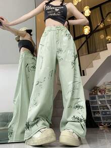 Random Graffiti Pattern Loose High Waist Wide Leg Women's Jeans