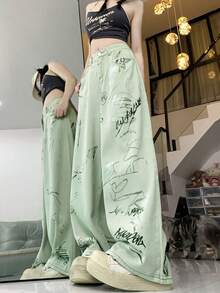 Random Graffiti Pattern Loose High Waist Wide Leg Women's Jeans