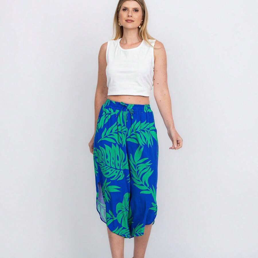 Printed Pantacurt Pants With Wonderful And Chic Side Slits - Xanh đậm - Xem 1