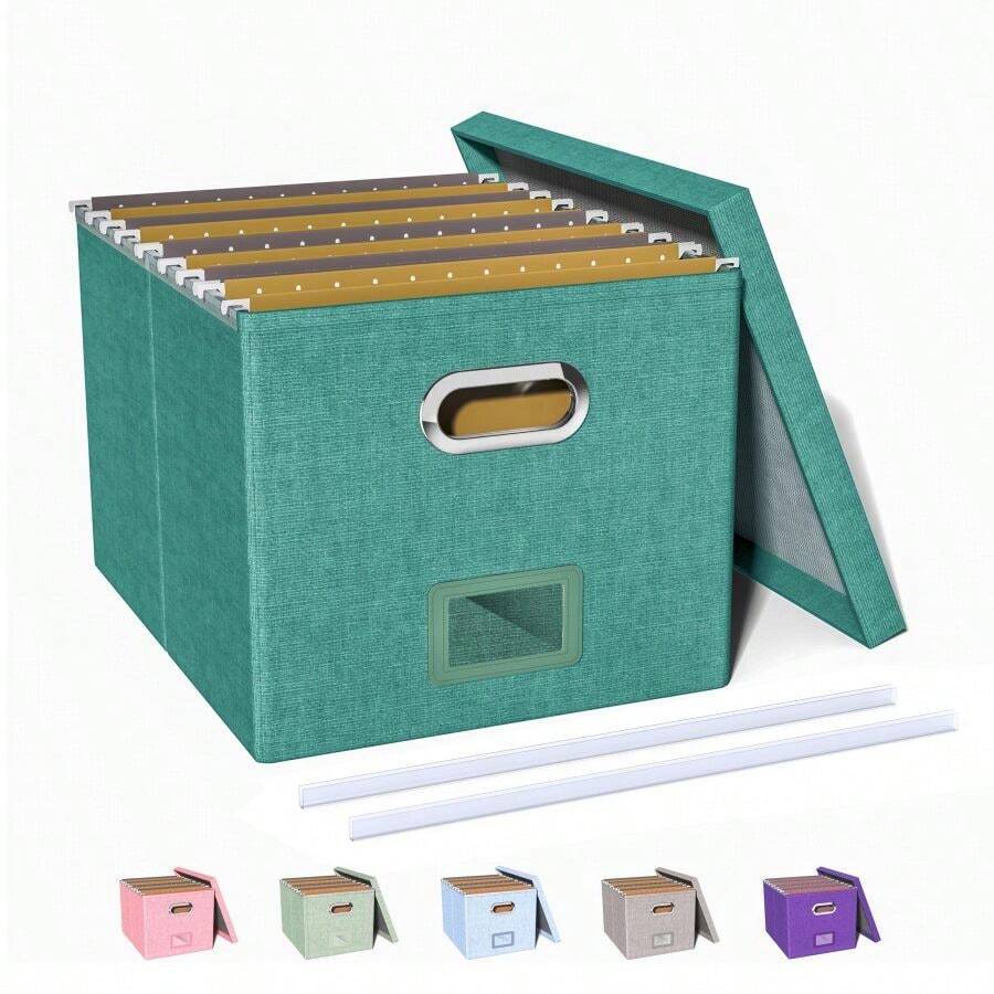 Caja organizadora de archivos, caja de archivo con tapa, caja de archivo para almacenamiento de carpetas de archivo tamaño carta/oficio, caja de archivo colgante portátil para oficina/decoración/hogar, 1 paquete, solo caja negra - Bosque verde - Ver 1