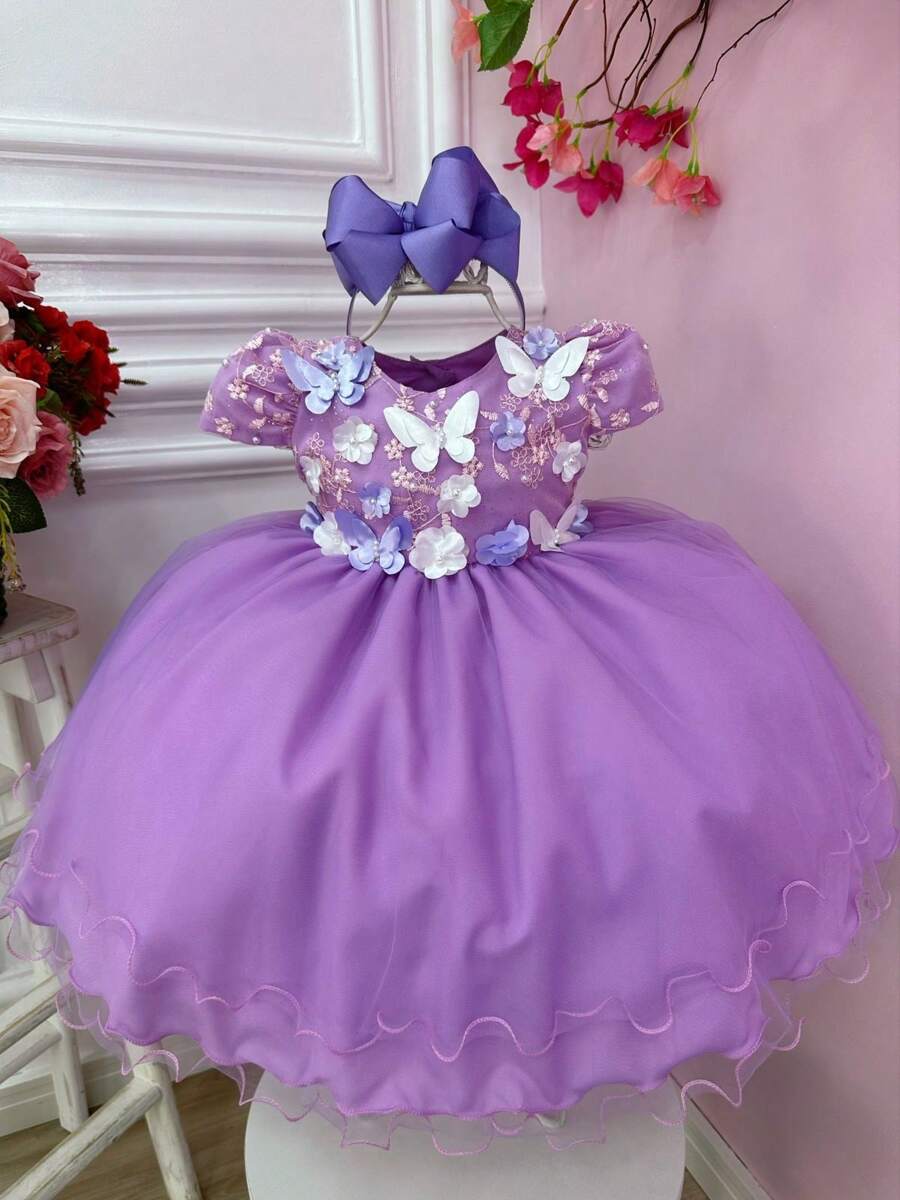 Children's Dress  Garden Butterflies Baby Girl Party Isabela Lilac Luxury S-M-G-1-2-3 - Màu Lilac Tím - Xem 1
