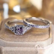 Bộ 2 nhẫn đính hôn dành cho nữ, Nhẫn trang trí bằng hợp kim Cubic Zirconia tông bạc thanh lịch, Quà tặng kỷ niệm sinh nhật tiệc cưới đính hôn - Màu tím - Xem 7