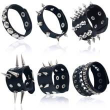 Xiacheng 1/3/6pcs Punk Rivet Bracelet, Gothic Rivet Spiked Leather Bracelet, Adjustable Metal Wristband, Gothic Accessories For Men & Women, Halloween - Black - View 8