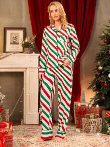 Conjunto de pijama de dos piezas para mujer con camisa de manga larga con botones y pantalón de largo completo - Rojo - Ver 3