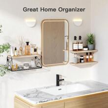 Floating Shelves, Bathroom Shelves Over Toilet, Wall Mounted Floating Shelves With Wire Basket, Wooden, 3 Shelves, 16.5x6x5.5 In - Tự nhiên - Xem 6