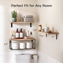 Floating Shelves, Bathroom Shelves Over Toilet, Wall Mounted Floating Shelves With Wire Basket, Wooden, 3 Shelves, 16.5x6x5.5 In - Tự nhiên - Xem 3