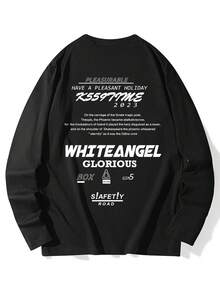 女士休闲圆领字母印花宽松可爱长袖套头 T 恤，秋冬