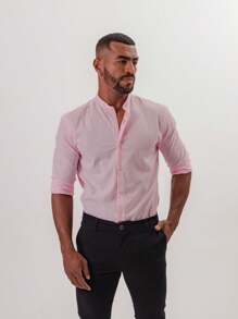 Slim Fit Long Sleeve Padre Collar Dress Shirt With Linen Look - Comfortable - Various Colors - 淺粉色 - 查看 1