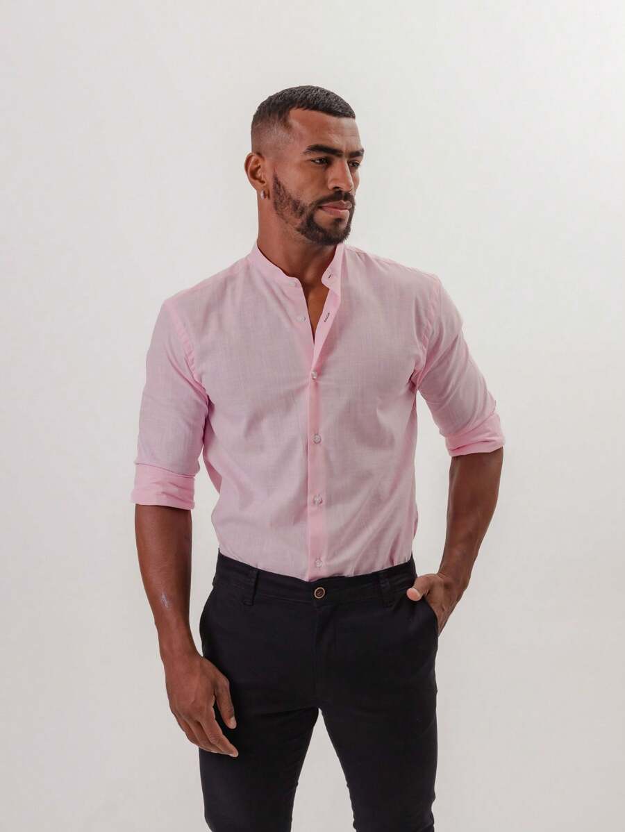 Slim Fit Long Sleeve Padre Collar Dress Shirt With Linen Look - Comfortable - Various Colors - 淺粉色 - 查看 1
