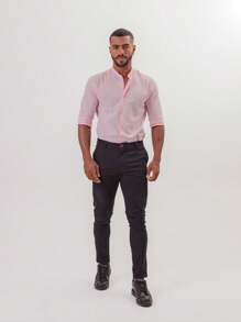 Slim Fit Long Sleeve Padre Collar Dress Shirt With Linen Look - Comfortable - Various Colors - 淺粉色 - 查看 5