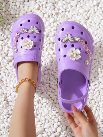 CIVHOM Moderiktiga trädgårdssandaler i EVA för kvinnor - Bekväma och lätta trädgårdsskor, dekorerade med blom- och metallkedjor, tjocka EVA-sulor, lämpliga för alla årstider, kan bäras som sandaler eller tofflor.