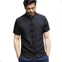 Men's Mandarin Collar Short Sleeve Chinese Button Shirt - Bruce Lee,Chinese Style,Simple And Elegant,Comfortable And Breathable - 黑色 - 查看 1