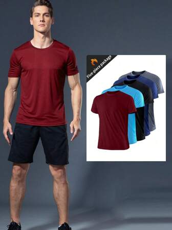 5pcs/Set Men's Sports T-Shirts, Running T-Shirts, Loose Fitness Clothing, Workout Activewear