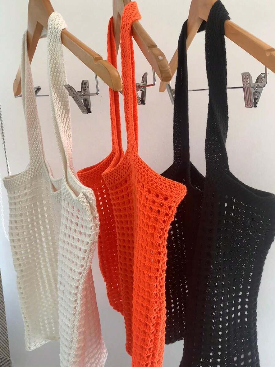 Bolsa De Praia Tricot Crochê Feminina Sacola Verão - Preto - Visão 1