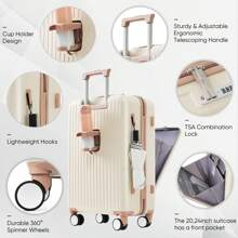 MERAX Front Opening 20-Inch Carry-On Luggage With Expandable Travel Bag Set, ABS Two-Piece Suitcase Set With USB Port, Cup Holder - Ivory and Gloden - View 3