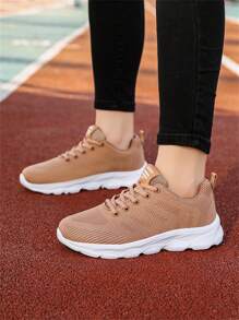 Women's Brown Knit Fabric Casual Sports Sneakers, Comfortable Flat Soft Bottom Lightweight Workout Running Shoes For Spring/Summer