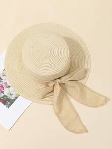 1 件女士白色时尚百搭平顶亚麻蝴蝶结软边太阳帽，适合海滩旅行和度假 - 米色 - 查看 2