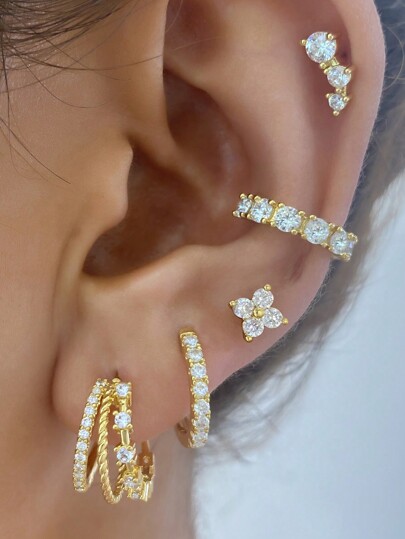 5 Pcs Stunning 24K Gold Plated Cubic Zirconia Hoop Earrings For Women Zirconia Stud Earrings Set