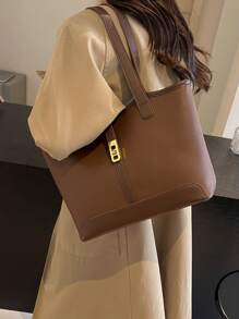 女士休闲拼接拉链单肩包大容量日常手提包秋冬新款大容量单肩托特包 - 咖啡棕 - 查看 3