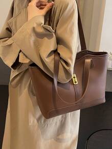 女士休闲拼接拉链单肩包大容量日常手提包秋冬新款大容量单肩托特包 - 咖啡棕 - 查看 4