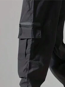 Men's Casual Cargo Pants With Slant Pockets And Drawstring Hem - Black - View 7