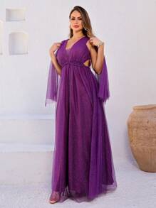 Cape Sleeve Braided Long Dress - 中紫紅色 - 查看 2