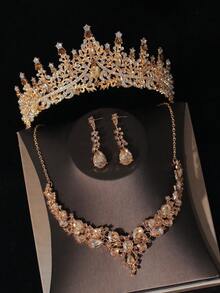 1 set d'accessoires de mariée dorés comprenant une couronne, un collier, des boucles d'oreilles, 1 set de 4 pièces de bijoux de mariage, convient pour la mariée, le mariage, la robe de mariée, les fêtes et les événements