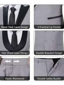 Men's Slim Fit 3 Piece Suit One Button Blazer Jacket Vest Pants Set Square Pocket Suitable For Party Commuting Daily Wear Concert Graduation Season Size XS-3XL Spring New Products Winter Suit Sets For Wedding Dress Concert  Graduation Season - Màu Xám nhạt - Xem 4
