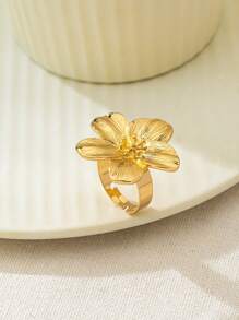 Elegant Stainless Steel Flower Adjustable Open Finger Ring, 18K Gold PVD Coating, Waterproof, Wedding Gift For Women Valentines